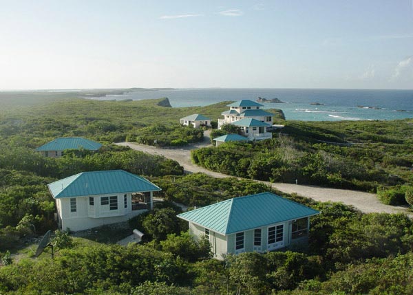 A photograph of Dragon Cay Resort overlooking Mudjin Harbour on Middle Caicos, Turks and Caicos Islands, British West Indies