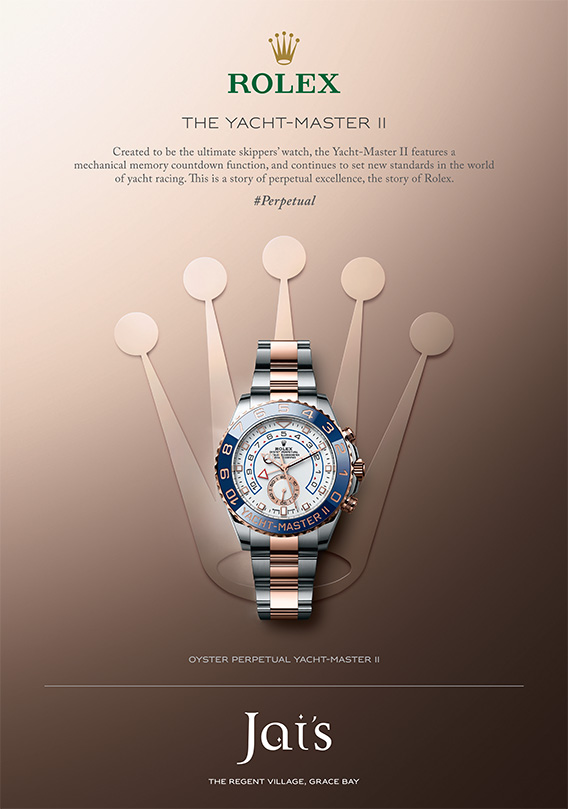 An advertisement for The Oyster Perpetual Yacht-Master II Rolex available at Jai’s Duty Free, Regent Village, Providenciales (Provo), Turks and Caicos Islands