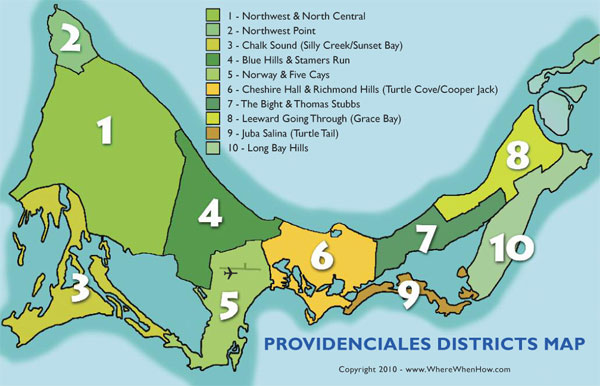 A map showing the real estate districts of Providenciales (Provo), Turks and Caicos Islands.