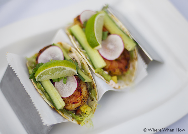 A photograph of the Spicy Shrimp Soft Tacos at Coco Bistro, Grace Bay Road, Providenciales (Provo), Turks and Caicos Islands.