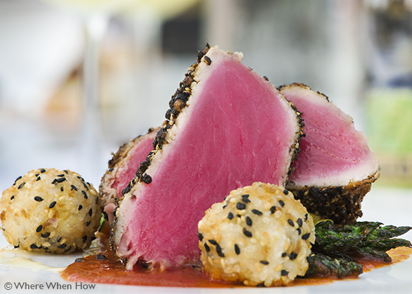 A photograph of the Pepper Crusted Rare Local Tuna with Rice Balls at Coco Bistro, Grace Bay Road, Providenciales (Provo), Turks and Caicos Islands.