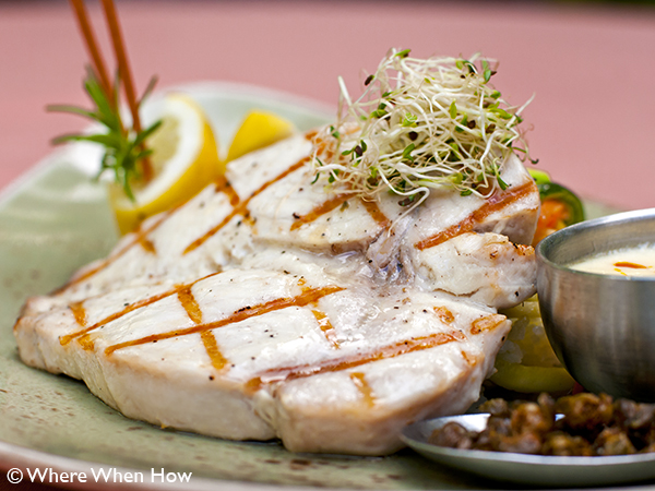 A photograph of Chef Paul Newman’s fresh Grilled Wahoo, Providenciales (Provo), Turks and Caicos Islands.