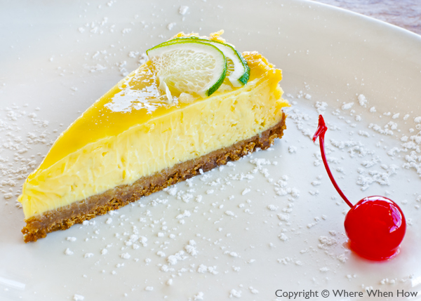 A photograph of Key Lime Pie at Somewhere on the Beach Café, Coral Gardens Resort, Grace Bay Beach, Providenciales (Provo), Turks and Caicos Islands.