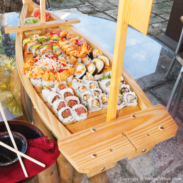 A photograph of The Sushi Boat Special at Yoshis Japanese Restaurant, Providenciales (Provo), Turks and Caicos Islands.