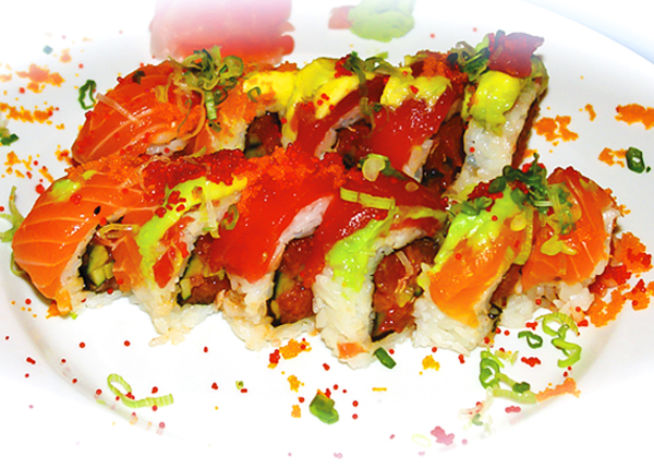 A photograph of a Caribbean Roll at Yoshis Japanese Restaurant, Providenciales (Provo), Turks and Caicos Islands.