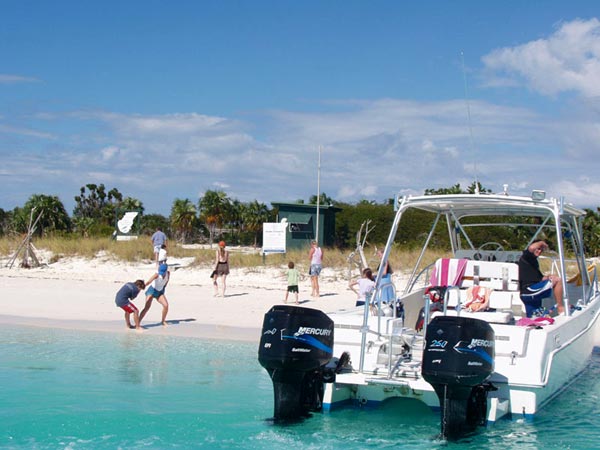 A photograph of a boat tour stop to see the iguanas at Little Water Cay, Turks and Caicos Islands, British West Indies