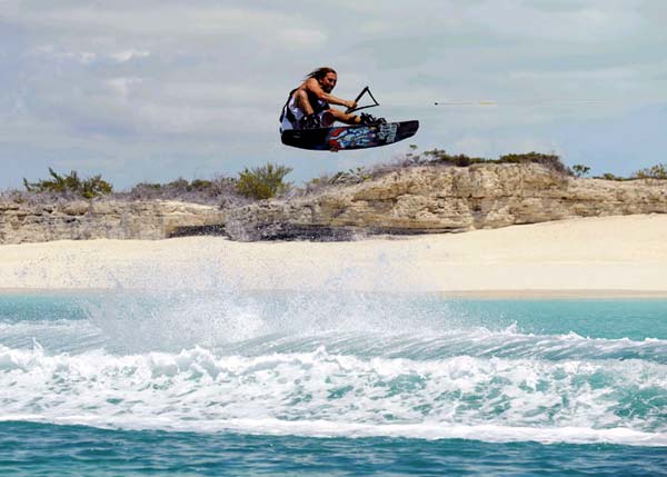A photograph of wakeboarding around Providenciales (Provo), Turks and Caicos Islands, British West Indies