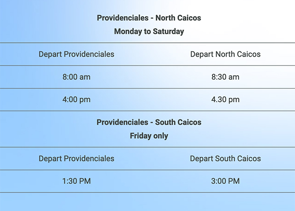A photograph of the TCI Ferry Service schedule to North Caicos