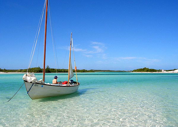 A photograph of Amphibious Adventures anchored off of East Bay Cay National Park, Turks and Caicos Islands.